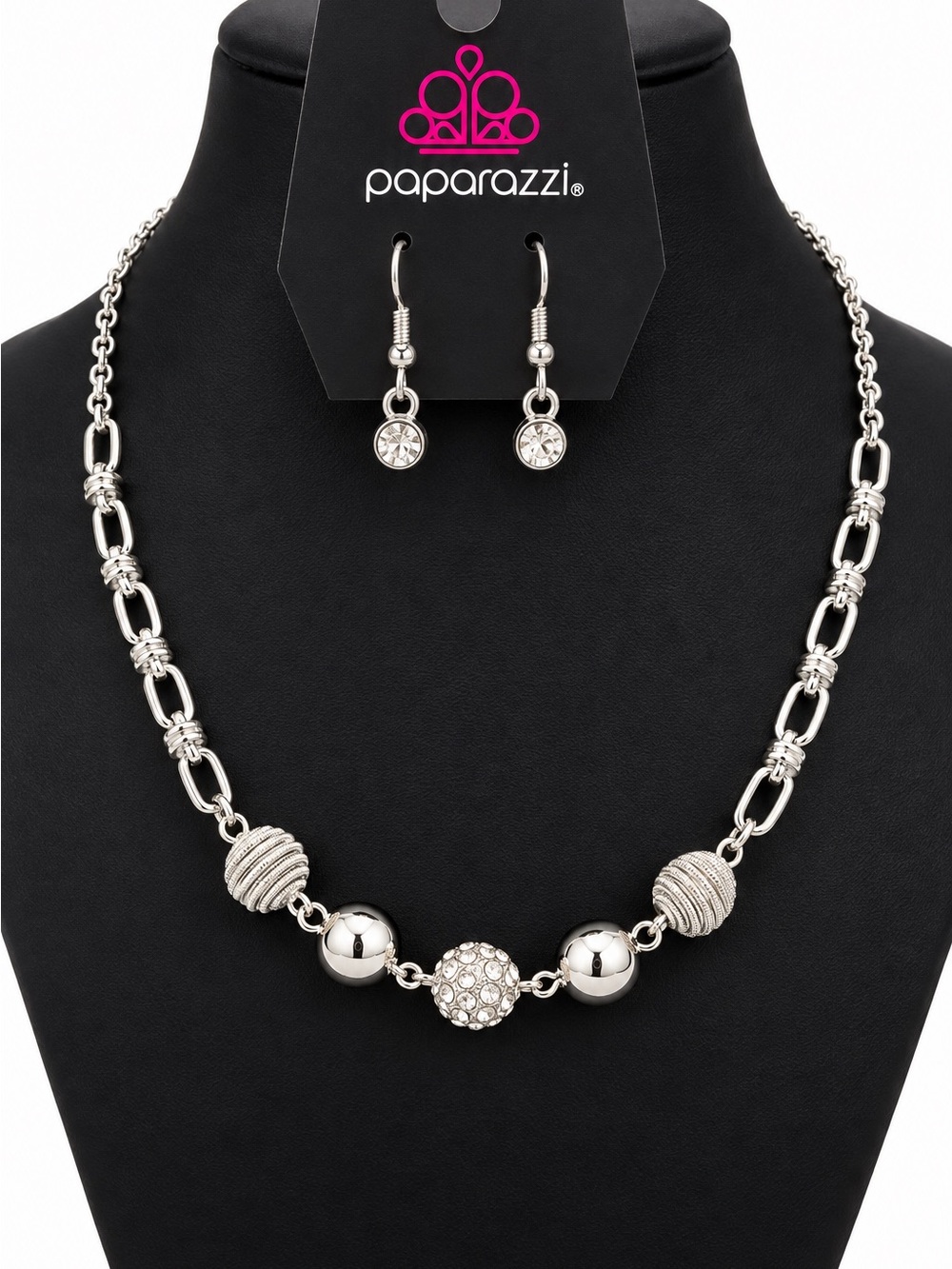 paparazzi Shimmering Silver Orb Necklace with Crystal Accent Earrings
